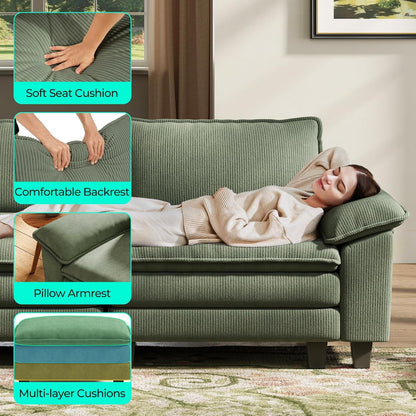 123'' Modular Sectional Sofa 3 Seat Couch Corduroy Cloud Couch with Deep Seat, Modern L-Shaped Cloud Couch with 1 Movable Ottoman for Living Room, Office, Bedroom, Green3