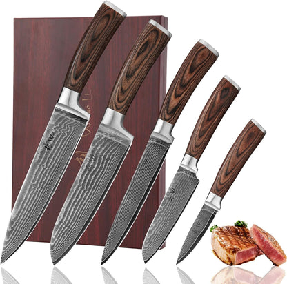 EDIB Damascus Knife Set, 5-Piece VG10 Steel Knives, Wooden Gift Box | Five VG10 Damascus Kitchen Knives with Ergonomic Pakkawood Handles, Chef Knife Set Packed in Wooden Gift Box for Home Chefs1