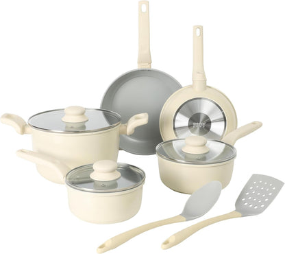 Barnsdall 10 Piece Premium PFA Free Ceramic Nonstick Pots and Pans Aluminum Induction Cookware Set W/Kitchen Tools - Linen White/Grey Non Stick1