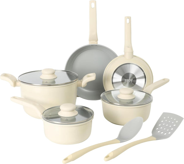 Barnsdall 10 Piece Premium PFA Free Ceramic Nonstick Pots and Pans Aluminum Induction Cookware Set W/Kitchen Tools - Linen White/Grey Non Stick1