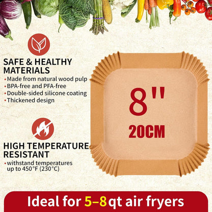 40GSM Air Fryer Paper Liners, 125Pcs 8 Inch Disposable Parchment Paper for 5-8 Qt Basket Air Fryer, Non-Stick Oil-Proof Heat Resistant Food Grade for Cooking, Roasting & Frying, Square 8"3