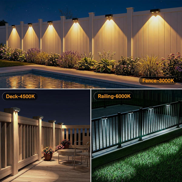 Solar Fence Lights Outdoor 8 Pack, Bright Solar Deck Lights with Lens, 3 Color Modes IP65 Waterproof Large Size Step Lights for Outside, Fence, Stair, Backyard, Patio, Wall6
