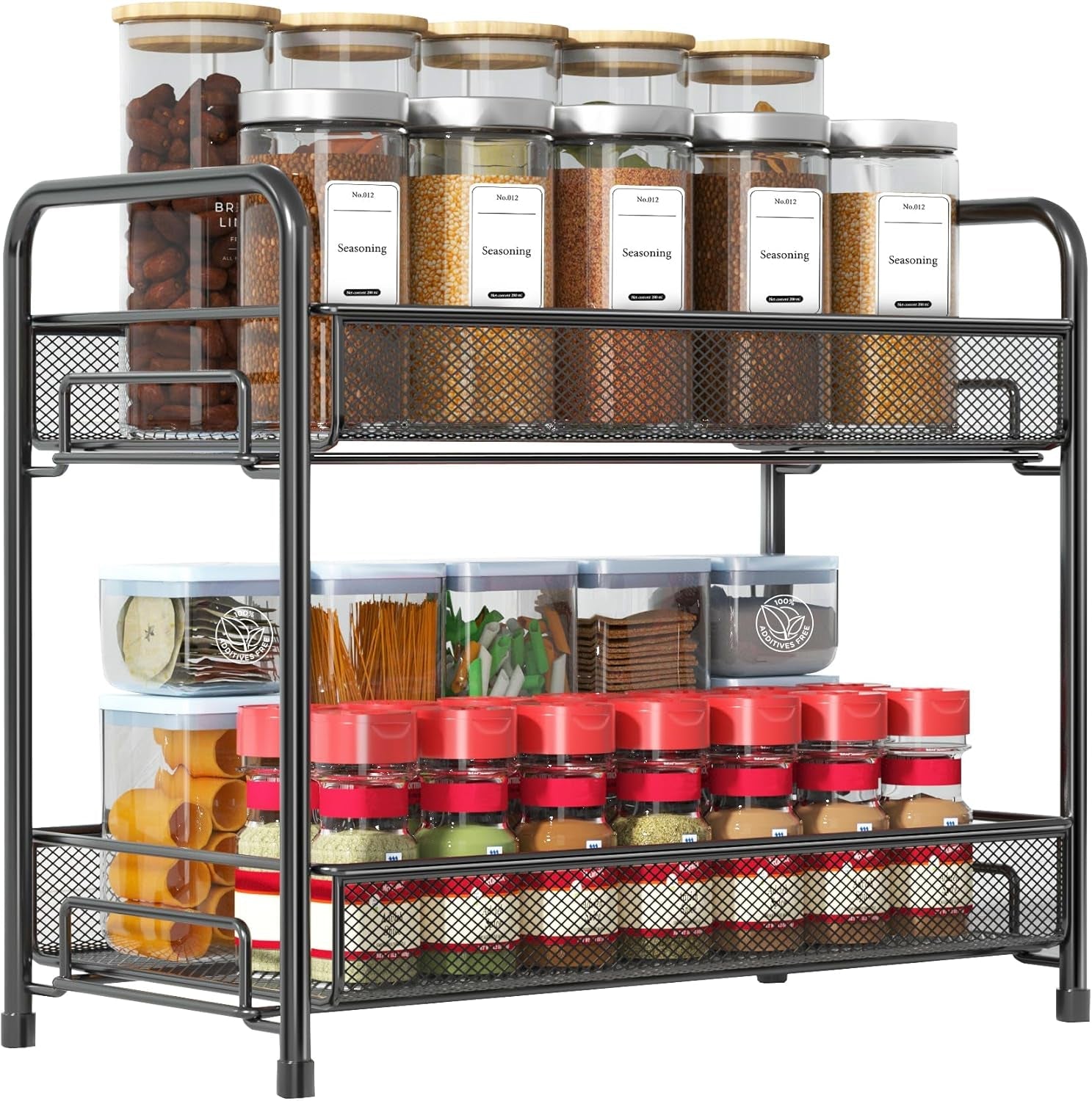 spice-rack-organizer-for-countertop-2-tier-foldable-metal-rust-proof-standing-large-seasoning-storage-shelf-with-guardrail-and-mesh-design-for-kitchen-cabinet-bathroom-living-room-pantry-black