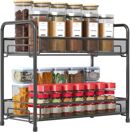 Spice Rack Organizer for Countertop, 2-Tier Foldable Metal Rust-Proof Standing Large Seasoning Storage Shelf with Guardrail and Mesh Design for Kitchen Cabinet Bathroom Living Room Pantry, Black1