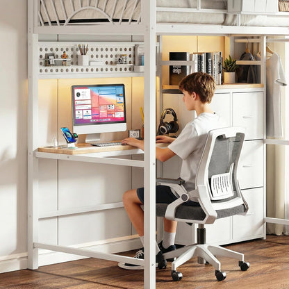 White Twin Loft Bed with Desk and 6 Storage Drawers, Metal Twin Size Loft Beds with Charging Station, RGB LED Lights, and Pegboard & Hanging Rod for Kids, Teenager (White)8