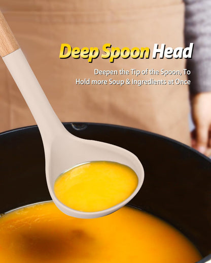 Silicone Pasta Fork and Ladle Spoon Set with Wooden Handle, Heat Resistant Non Stick Kitchen Utensils for Cooking, Stirring, Serving Spaghetti, Soup, Sauce(Khaki)4