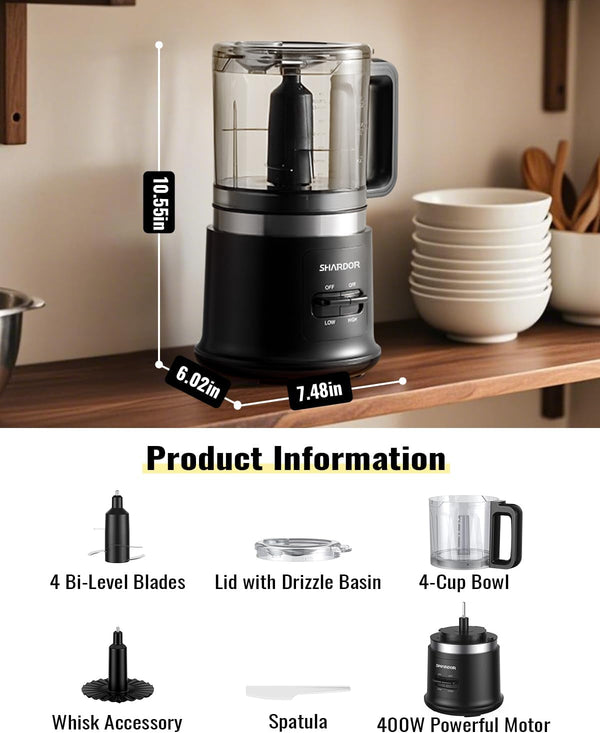 Food Chopper, 4 Cup Mini and Fast Food Processor, Electric Meat Grinder with 2 Speed, 4 Stainless Steel Blades, and Whisk, 400W Power for Chopping, Mixing, Emulsifying, Puree and Whisking, Bpa-Free7