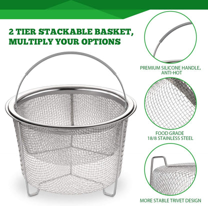 Steamer Basket for Instant Pot Accessories 6 Qt or 8 Quart - 2 Tier Stackable 18/8 Stainless Steel Mesh - Silicone Handle - Vegetable Steamer Insert, Egg Basket, Pasta Strainer,Silver2