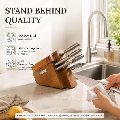 Kitchen Knife Set with Block and Detachable Sharpener | 8-Piece High Carbon Stainless Steel Knife Block Set, Fully Forged Blades & Compact Design8