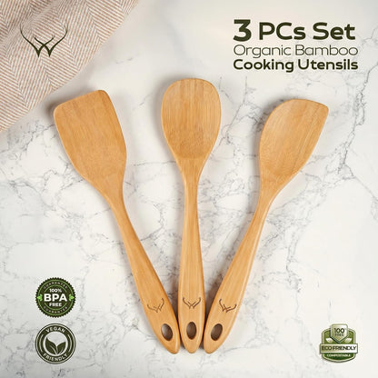 Prime Bamboo Wooden Spoons for Cooking Set of 3 Pcs – Wooden Cooking Utensils with Long Handle, Includes Flat Wood Spoon, Bamboo Spatula, and Slotted Spoon for Kitchen Utensils Set2
