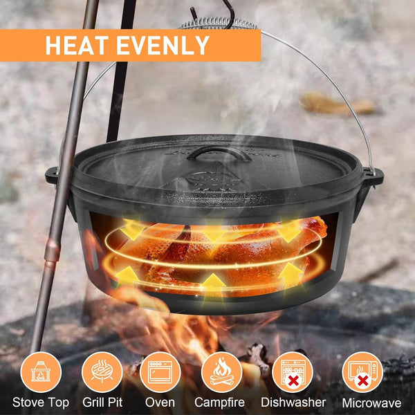 Camping Dutch Oven,12 Qt Pre-Seasoned Cast Iron Camp Dutch Oven Pot with Lid - Lid Lifter, Cast Iron Dutch Oven with Metal Handle for Cooking BBQ Baking Campfire Modern Black4