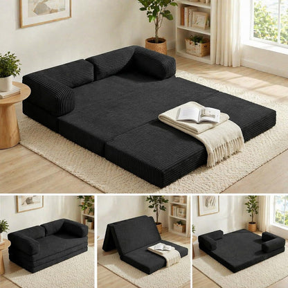 Convertible Sofa Bed Queen,5-In-1 Tri-Fold Boneless Couch with Removable Armrests & Handle,Corduroy Futon Sleeper Sofa,Floor Folding Mattress Pull Out Bed for Small Space Living Room Bedroom,Black1