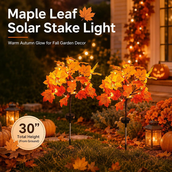 Fall Decor Solar Garden Lights, 2 Pack Maple Leaf Path Lights with 8 Lighting Modes, 40LED Maple Trees Stake Lights, Pathway Lights for Autumn Patio Halloween Thanksgiving Decorations (Orange - Leaf)2