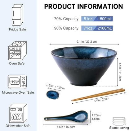 Large Ramen Bowls Set of 2, 71 Oz Ceramic Noodle Bowls, Spoon & Chopsticks2