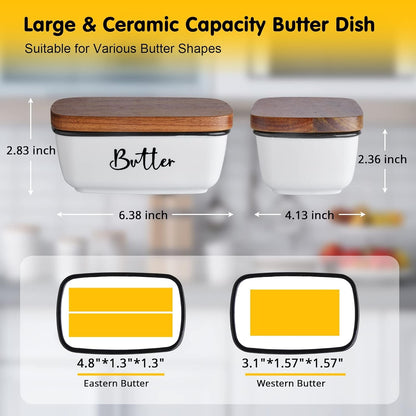 Butter Dish with Lid,  Large Ceramic Butter Dish for Countertop, Butter Keeper with Thick Acacia Wood Lid, Kitchen Decor and Accessories for Kitchen Gifts, White2