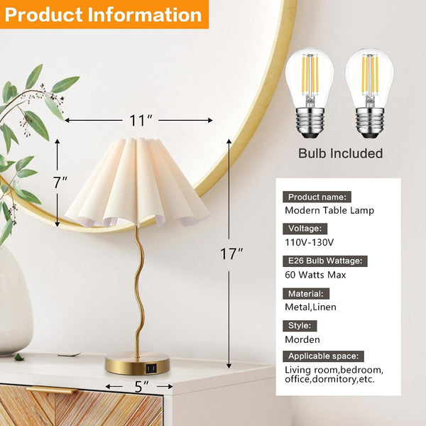 Pleated Table Lamp, Table Lamp for Bedroom, Bedside Lamps for Nightstand with Linen Lampshade, Modern Lamp for Bedroom Home Office Decor2