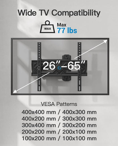 Full Motion TV Wall Mount for 26-65 Inch Flat Curved Tvs, Heavy Duty Single Articulating Arms, Corner TV Mount up to VESA 400X400Mm and 77Lbs, Support Swivel, Tilt, Level Adjustment2
