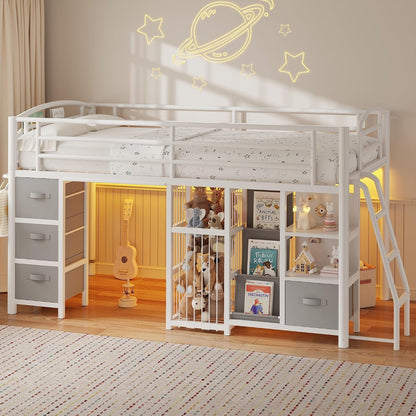 Twin Low Loft Bed, Kids Loft Bed, Storage Drawers, LED Lights, White Gray4