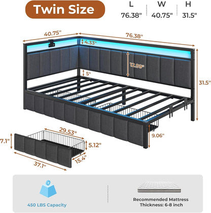 Twin Corner Bed Frame with 2 Storage Drawers and Charging Station Twin Bed Frames with Storage and Led Lights Twin Size Daybed for Kids Teen with Upholstered Guardrail,No Box Spring Needed,Gray2