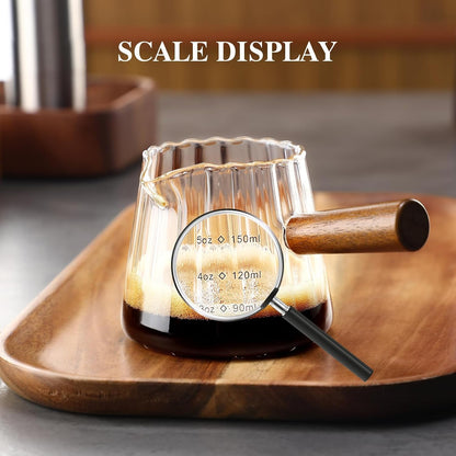 Espresso Cups with Wood Handle 6Oz, Espresso Accessories, Milk Frothing Pitcher, Glass Measuring Cup, Shot Glass3