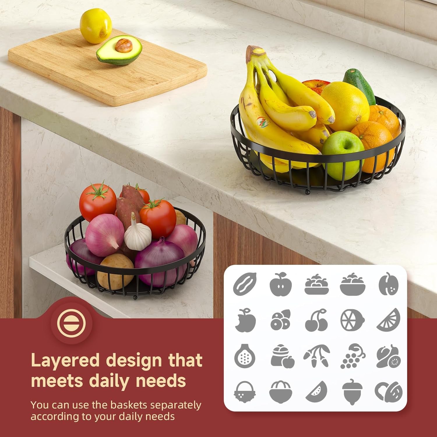 2-tier-large-fruit-bowl-for-kitchen-counter-with-2-banana-hangers-sturdy-metal-basket-for-fruit-bread-onions-modern-wire-fits-various-styles-includes-food-safe-mats-to-keep-produce-fresh