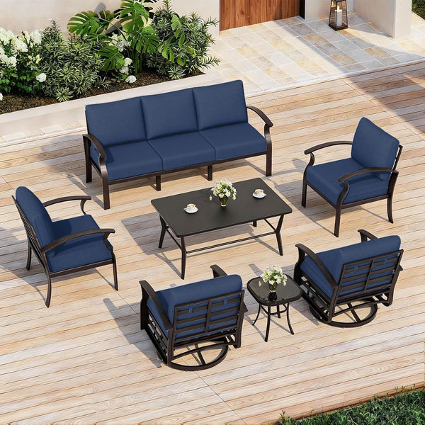 Aluminum Patio Furniture Set with Coffee Table Rectangular, 7-Seat Outdoor Sectional Furniture W/Swivel Chairs, Patio Conversation Set for Porch, Backyard, Poolside-Dark Blue3