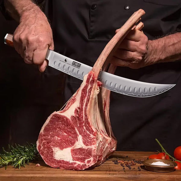 Brisket Slicing Knife 12 Inch & Cleaver Knife 7 Inch, Razor Sharp Japanese High Carbon Steel Meat Cleaver, Professional Curved Carving Knives for Meat, BBQ2