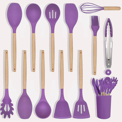 Kitchen Utensils Set 12 Pieces Nonstick Silicone Cooking Utensils Wood Handle Silicone Cooking Utensils Set with Holder Dishwasher Safe BPA Free (Purple)1