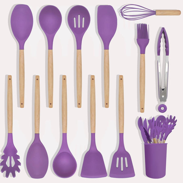 Kitchen Utensils Set 12 Pieces Nonstick Silicone Cooking Utensils Wood Handle Silicone Cooking Utensils Set with Holder Dishwasher Safe BPA Free (Purple)1
