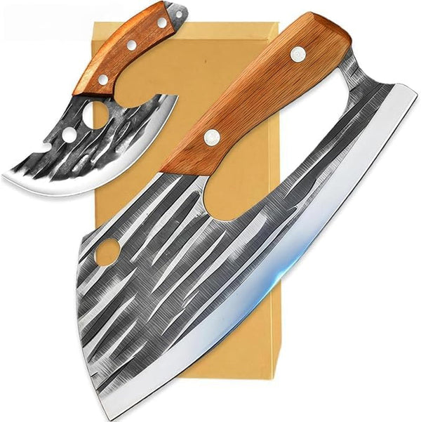 2Pcs Premium Hand Forged Kitchen Knife Set, Sharp Carbon Steel Chef Knife & Meat Cleaver, Ergonomic Non-Slip Wood Handle with Leather Sheath, for Home Cooking, Meat Veggie Cutting, BBQ Camping (C)1