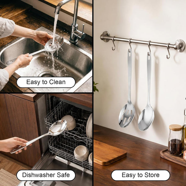 2PCS Stainless Steel Serving Spoons Set, Solid & Slotted4