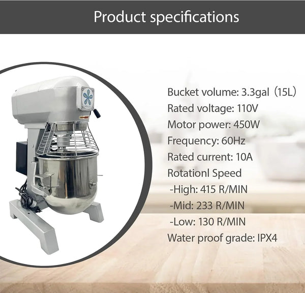15L Commercial Food Stand Mixer, 3-Speeds Adjustable 110V Dough Mixer, 450W Electric Dough Mixing Machine with 3 Mixing Tools3