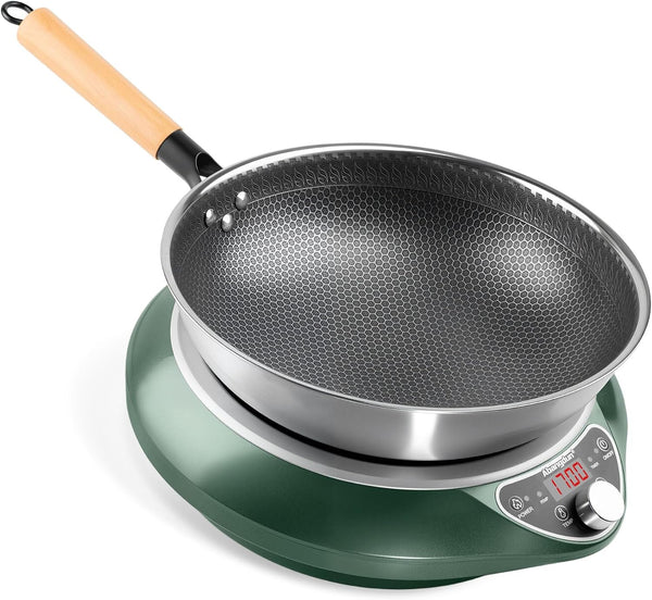 1700W 120V Concave Induction Wok Cooktop, Electric Wok Burner | Non-Pulse Heating with 9.25-Inch Coil Supports Round-Bottom Woks and Flat-Bottom Pans for Stir Fry, Soup, Noodles, Hot Pot.1