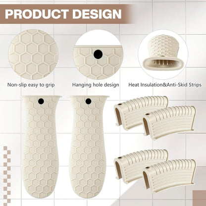 8Pcs Silicone Cast Iron Handle Cover,Khaki | Heat Resistant Pot Holders, Non Slip Pan Handle Sleeve for Kitchen, Reusable Grip Covers for Frying Pans and Skillets7