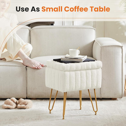 Vanity Stool Chair with Storage, Ottoman Faux Fur Soft Padded Makeup Footstools Seat with 4 Metal Legs Anti-Slip Adjustable Feet Modern Cute Small Footrest for Home Entryway Bedroom White5