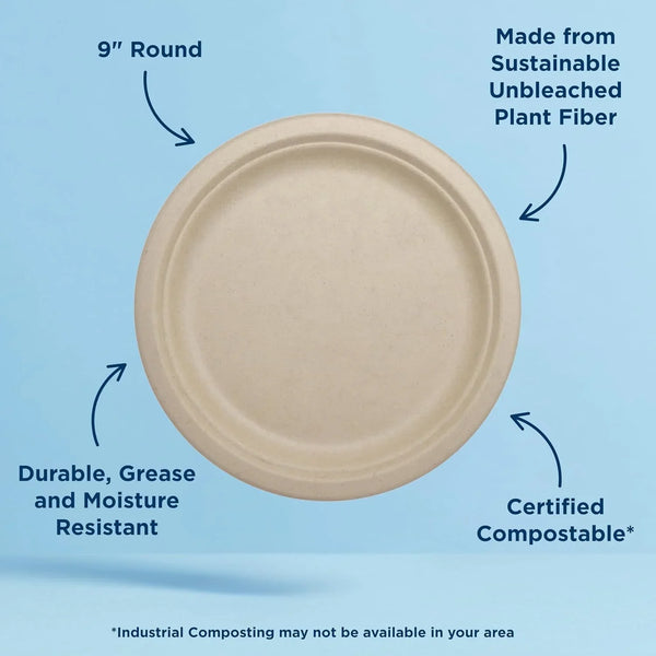 Compostable round Paper Plates, 9 Inch (Pack of 40) | Made from Unbleached Plant Fiber, Sustainable, Heavy Duty, Grease Resistant, Microwave & Freezer Safe, No Added PFAS3