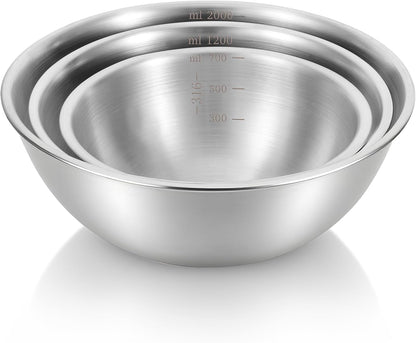 3 Packs Stainless Steel Mixing Bowls with Measurement Marks, Thicker Stainless Steel Flat Bottom Mixing Bowls Set, Stackable Salad Bowl for Cooking, Baking, Salad, Vegetables1