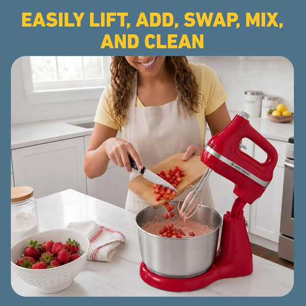Two Sweet 2-In-1 Hand & Stand Mixer, 11 Speeds with Turbo Boost, 4.4 Qt Rotating Bowl, Dough Hooks, Beaters & Whisk, Tilt-Head Design, 550 Peak Watts, Red6