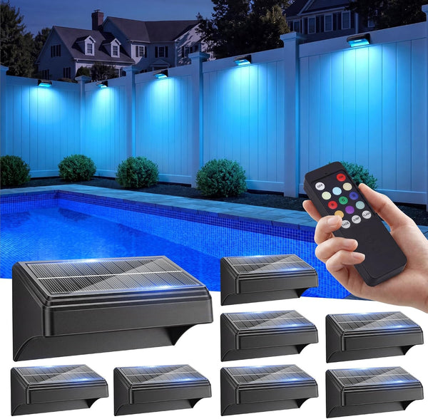 Fence Lights Solar Powered with Remote 8 Pack, Warm White, Cool White and RGB Color Glow LED Solar Lights Outdoor, Dusk to Dawn Solar Fence Lights for Patio, Backyard, Railing, Deck, and Wall1