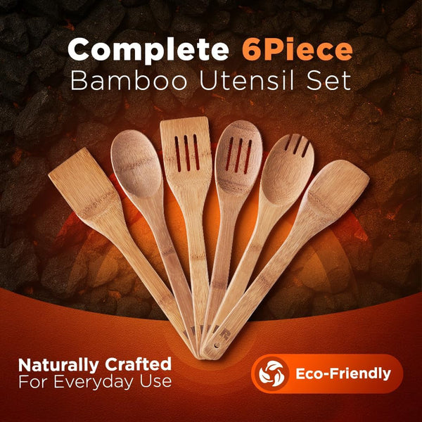 Dark Bamboo Wooden Spoons for Cooking 6-Piece, Apartment Essentials Wood Spatula Spoon Nonstick Kitchen Utensil Set Premium Quality Housewarming Gifts for Everyday Use3