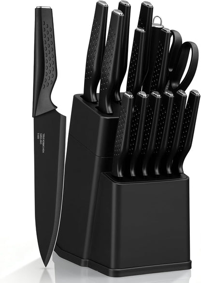 Kitchen Knife Sets with Block, 15 Pieces High Carbon Stainless Steel Knife Set with Sharpener, Sharp Knife Block Set for Kitchen, Black1
