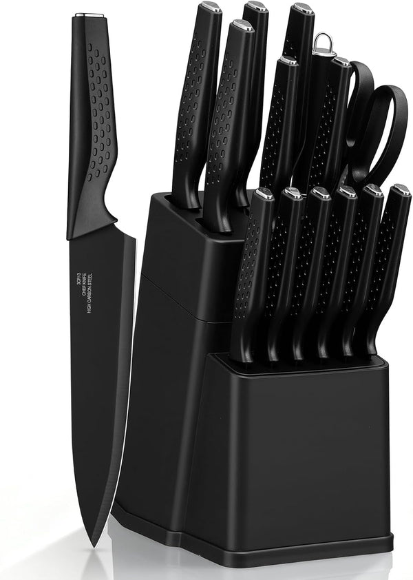 Kitchen Knife Sets with Block, 15 Pieces High Carbon Stainless Steel Knife Set with Sharpener, Sharp Knife Block Set for Kitchen, Black1