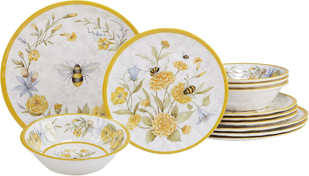 bee-sweet-12-piece-melamine-dinnerware-set-service-for-4-bee-floral-plates-and-bowls-durable-shatterproof-outdoor-tableware-for-spring-summer-entertaining