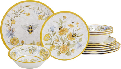 Bee Sweet 12-Piece Melamine Dinnerware Set, Service for 4, Bee & Floral Plates and Bowls, Durable Shatterproof Outdoor Tableware for Spring & Summer Entertaining1