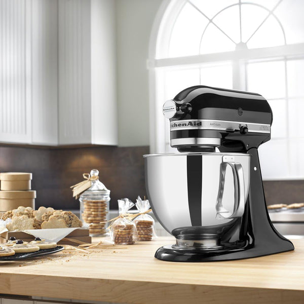 Kitchenaid Artisan Series 5 Quart Tilt Head Stand Mixer with Pouring Shield KSM150PS, Onyx Black Bundle with Deco Essentials Exclusive CPS 1 Year Extended Protection Pack4