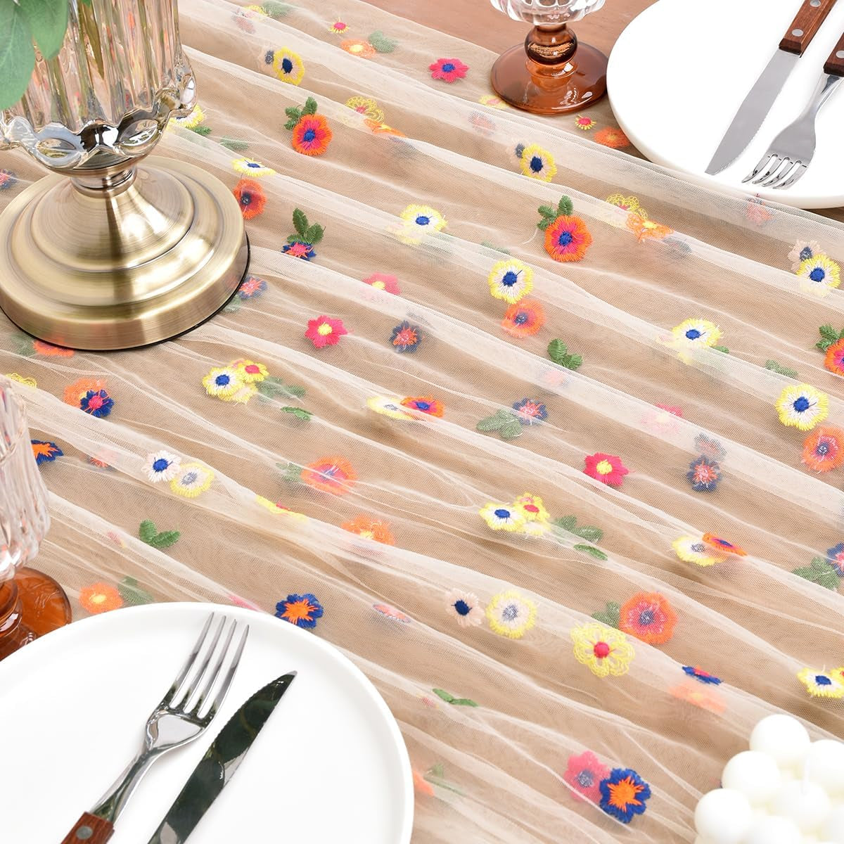 flower-table-runner-floral-daisy-fall-wedding-birthday-party-home-decor-champagne-10ft-embroidery-wildflower-tulle-seasonal-tea-party-bridal-shower-holiday-picnic-home-table-decorations