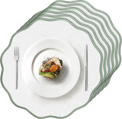 Set of 6 Scallop Linen Placemats, 15 Inch Light Green and White round Placemats Cotton Linen Table Mats Handcrafted Machine Washable Wrinkle Free Dining Placemat for Hotel Restaurant Kitchen1