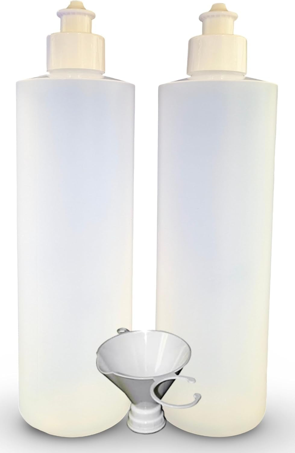 2-pack-refillable-16-ounce-hdpe-squeeze-bottles-with-push-pull-button-top-dispenser-caps-great-for-lotions-shampoos-conditioners-and-massage-oils-includes-our-patented-thread-on-funnel