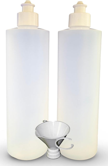 2 Pack Refillable 16 Ounce HDPE Squeeze Bottles with Push/Pull Button Top Dispenser Caps-Great for Lotions, Shampoos, Conditioners and Massage Oils-Includes Our Patented Thread-On Funnel1