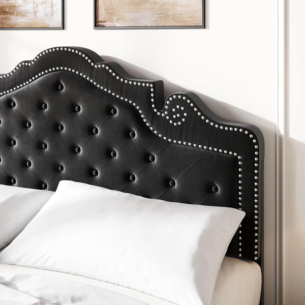 Queen Bed Frame with Adjustable Headboard/Velvet Upholstered/Diamond Button Tufted and Metal Studs/No Box Spring Needed/Wood Slat Support/Easy Assembly/Black4